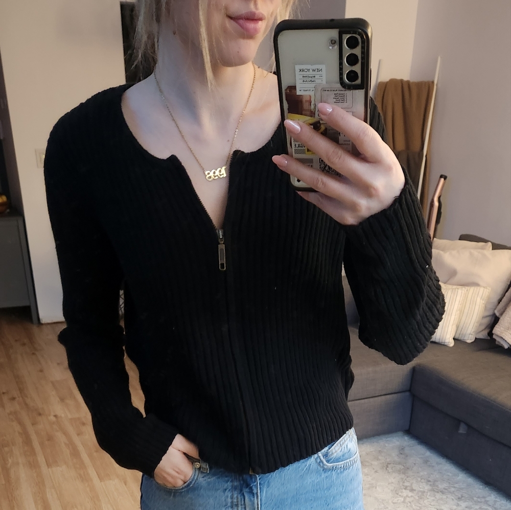 Vintage Limited Ribbed Zipper Sweater - Black